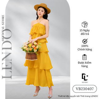 Đầm Váy Maxi Đi Biển LENDO VB230407 Dáng Dài Không Tay Cổ Yếm Xếp Nhiều Tầng
