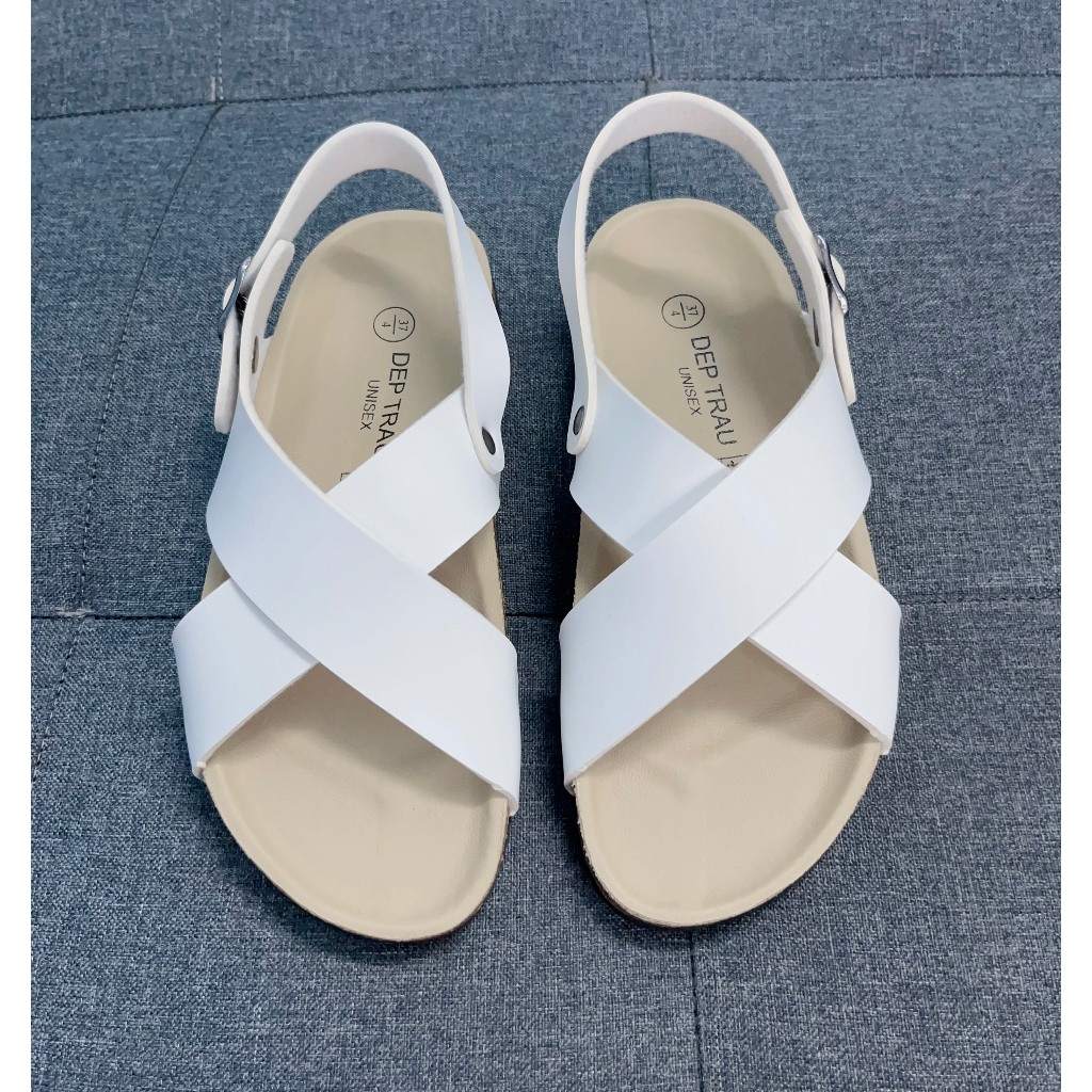 Dép Birken đế trấu sandal quai chéo-Màu Trắng