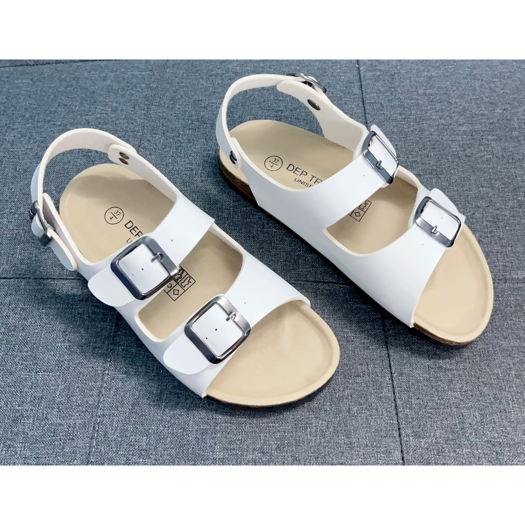 Dép Birken đế trấu sandal quai ngang 2 khoá-Màu Trắng