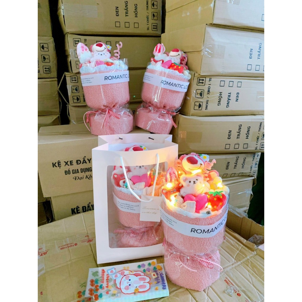 Bó hoa gấu dâu kute, set bông gấu hồng lotso xinh xắn - Quà tặng bạn gái