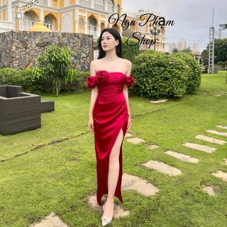 ROSY DRESS - DẠ HỘI TRỄ VAI NGANG HOA HỒNG TAY BỒNG XẺ CHÂN TRÁI (kèm video thật)