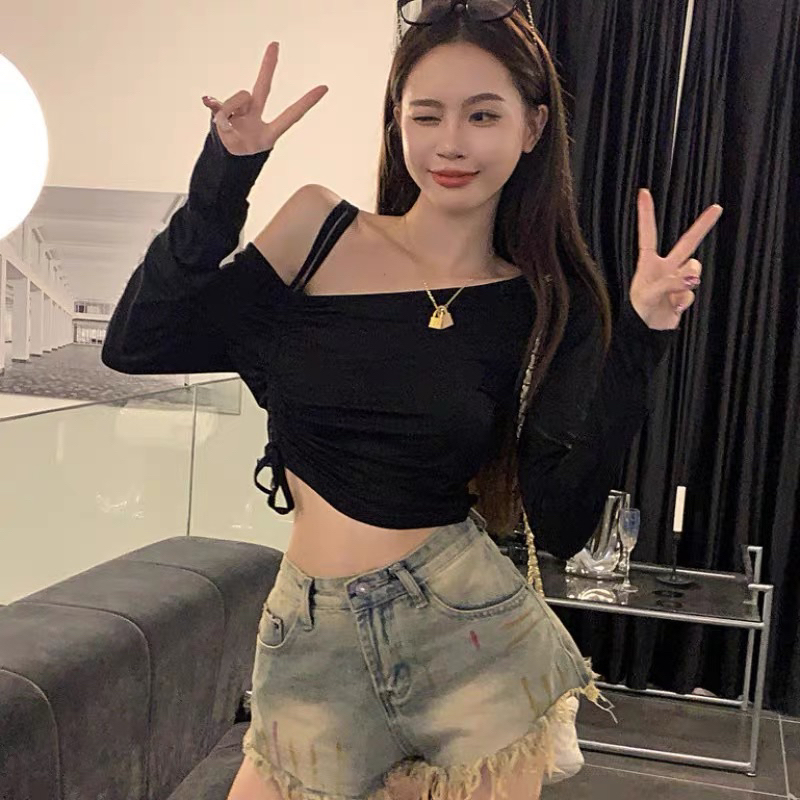 Áo kiểu thun croptop trễ vai dây rút tay dài cute cho nữ