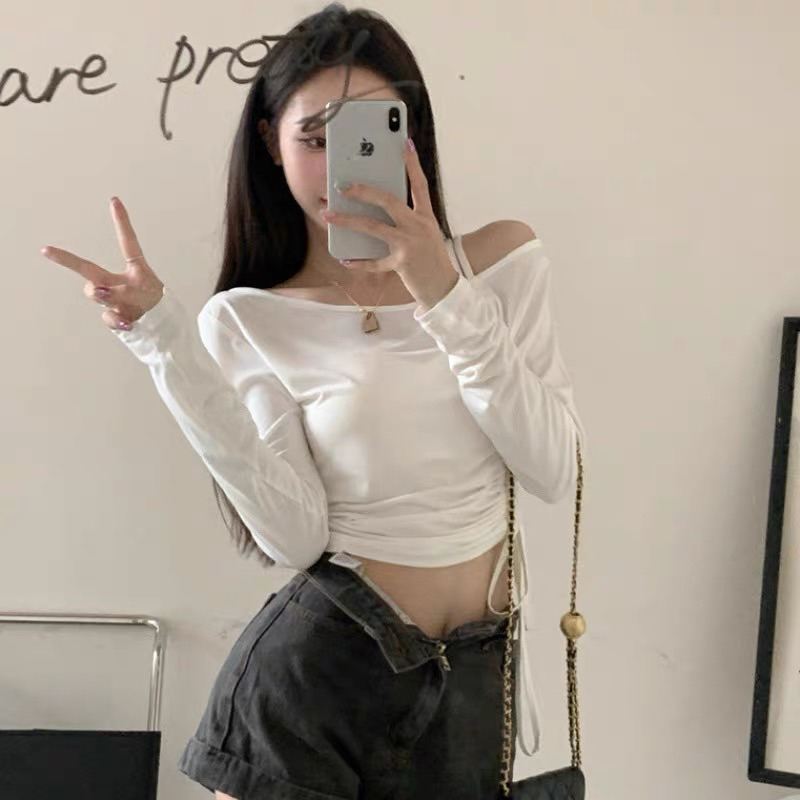 Áo kiểu thun croptop trễ vai dây rút tay dài cute cho nữ