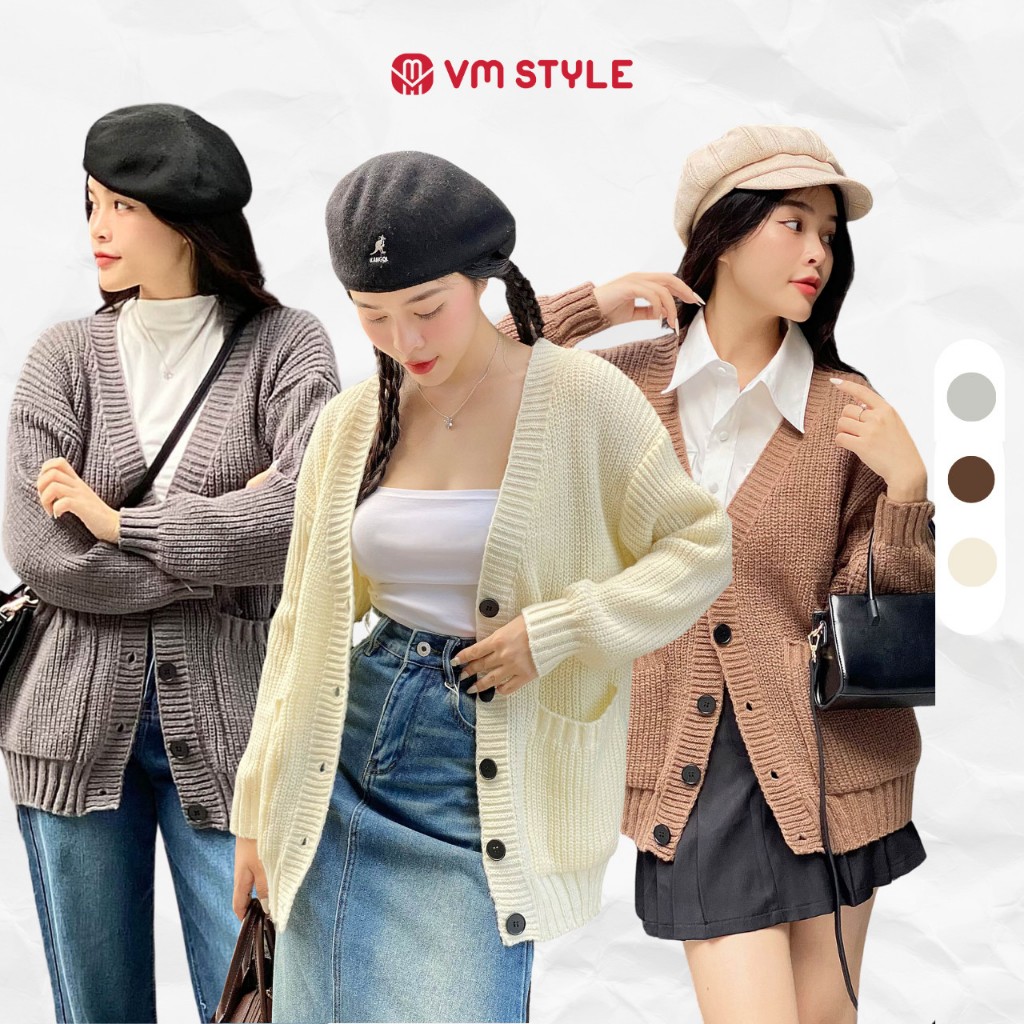 Áo khoác len nữ VMSTYLE cardigan trơn tay dài 2 túi hộp trước form rộng basic, dịu dàng đi chơi, dạo phố 1197 - KLU00034