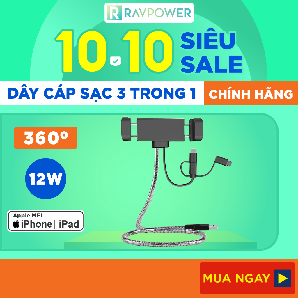 Cáp Sạc 3 Trong 1 Lightning, Micro USB, Type-C RAVPower RP-CB015 - Hàng Chính Hãng