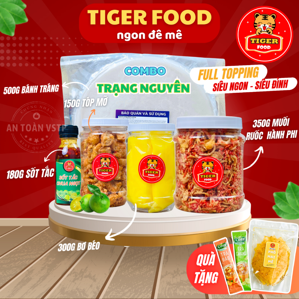 COMBO Bánh tráng phơi sương 1kg TIGER FOOD Bánh Tráng + Muối Tôm Hành Phi + Bơ béo + Tóp Mỡ + Sốt tắc FREESHIP Đồ ăn vặt