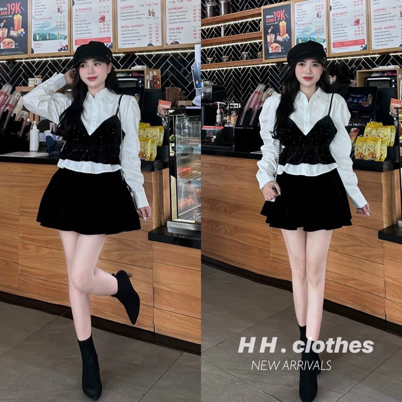 Áo Sơ Mi Tay Bồng Phối Yếm Nhung Đính Đá