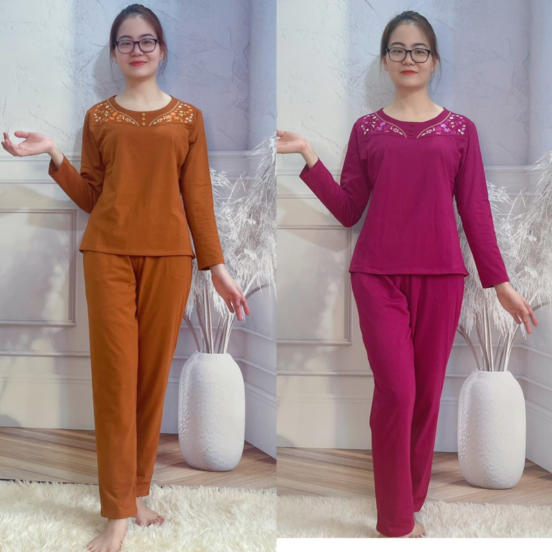 Quần áo trung niên nữ - đồ bộ trung niên mặc nhà cao cấp cho mẹ cho bà vải cotton dài tay thu đông