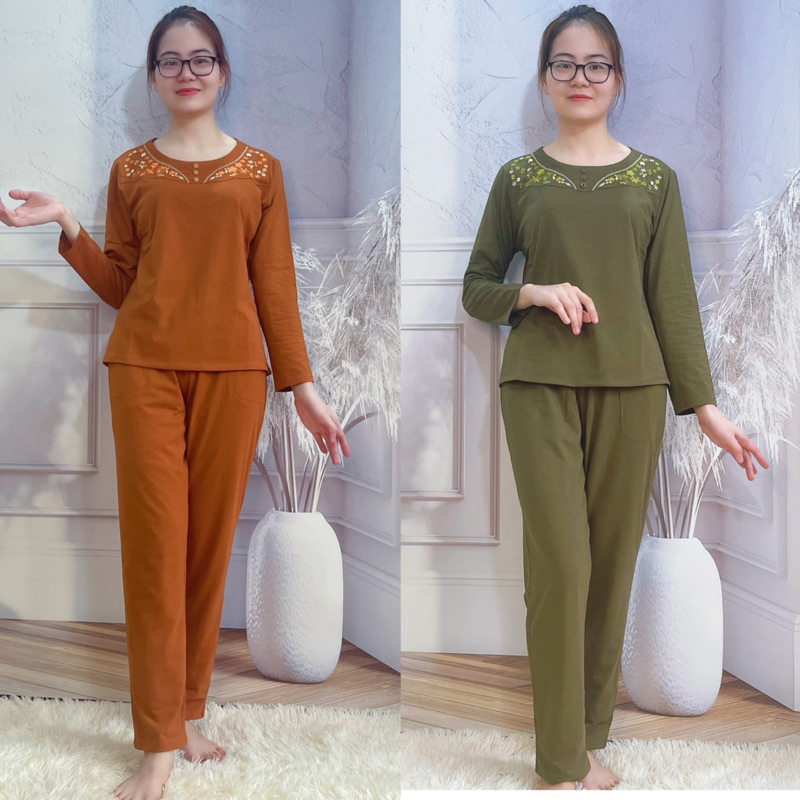 Quần áo trung niên nữ - đồ bộ trung niên mặc nhà cao cấp cho mẹ cho bà vải cotton dài tay thu đông