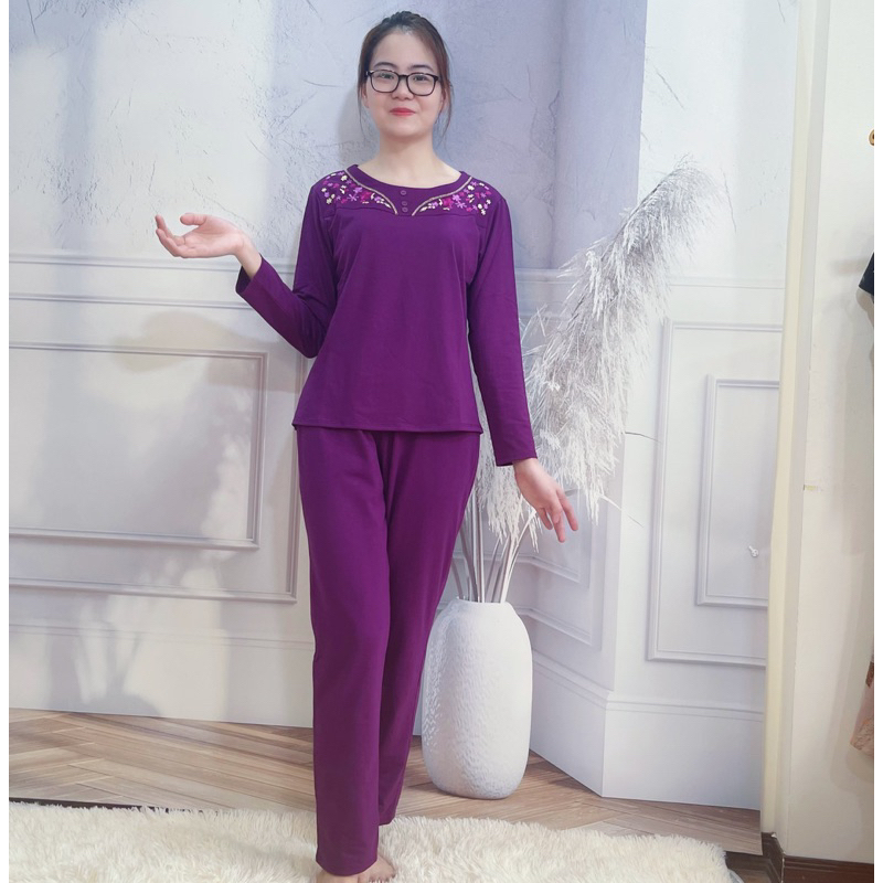 Quần áo trung niên nữ - đồ bộ trung niên mặc nhà cao cấp cho mẹ cho bà vải cotton dài tay thu đông