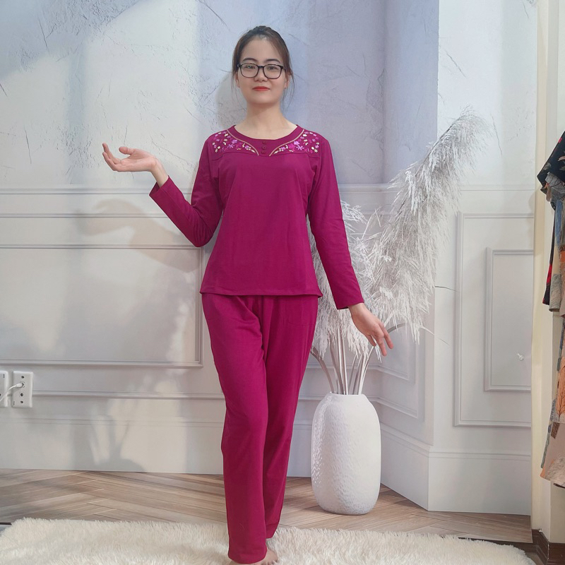 Quần áo trung niên nữ - đồ bộ trung niên mặc nhà cao cấp cho mẹ cho bà vải cotton dài tay thu đông