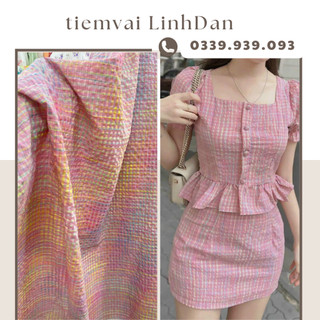 Vải thô cotton caro hồng hot trend may đầm váy, bao gối, làm rèm cửa, decor