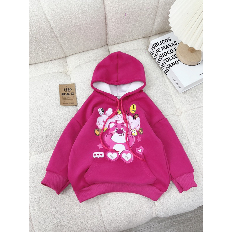 10-20kg áo hoodie gấu dâu dáng dài cho bé gái, áo nỉ có mũ cho bé gái