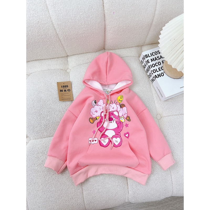 10-20kg áo hoodie gấu dâu dáng dài cho bé gái, áo nỉ có mũ cho bé gái