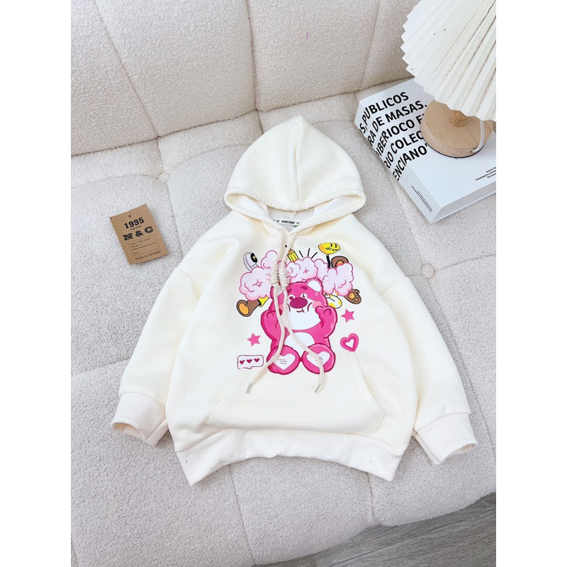 10-20kg áo hoodie gấu dâu dáng dài cho bé gái, áo nỉ có mũ cho bé gái