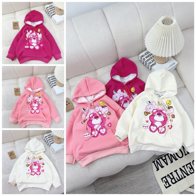 10-20kg áo hoodie gấu dâu dáng dài cho bé gái, áo nỉ có mũ cho bé gái