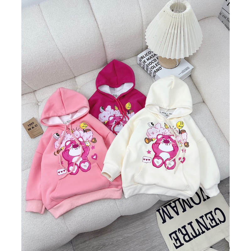 10-20kg áo hoodie gấu dâu dáng dài cho bé gái, áo nỉ có mũ cho bé gái