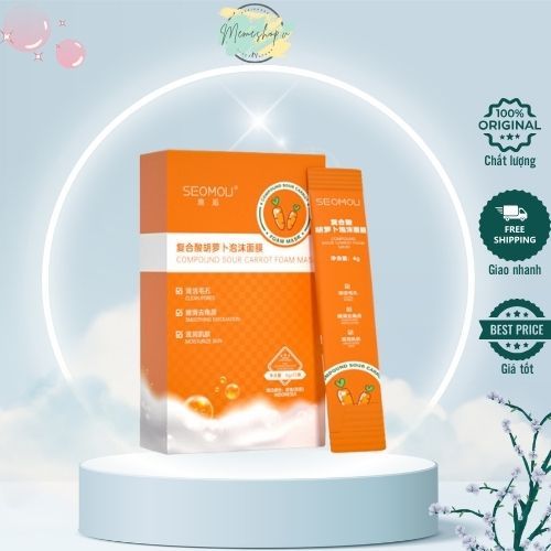 Hộp 12 Gói Mặt Nạ Sủi Bọt, Thải Độc Cà Rốt SEOMOU Giảm Mụn Đầu Đen Trắng da, Hút bã nhờn, Thu nhỏ lỗ chân lông, Nâng Mặt