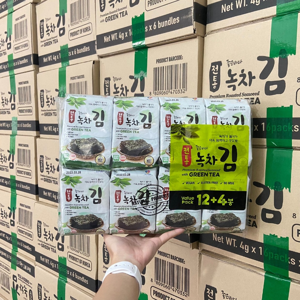 Sâm Hoàng Diệu - Rong biển ăn liền Hàn Quốc vị trà xanh, vị BBQ thượng hạng KFish lốc 3,6, 16 gói *4