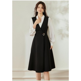 Đầm xoè đen cổ trụ màu trắng tay dài công sở
