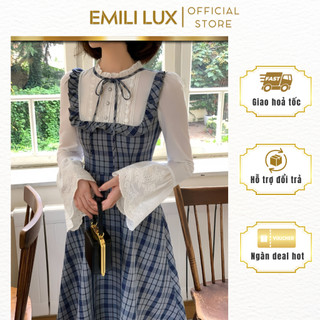 Váy yếm tiểu thư phối áo tay bèo Emili, set váy vintage hoạ tiết caro phong cách nhẹ nhàng 