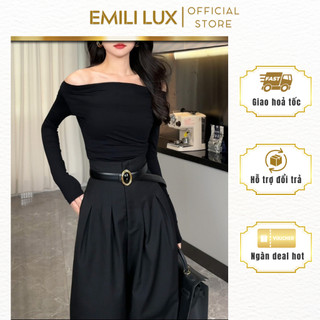 Áo lệch vai dài tay Emili phối quần ống suông, set áo kiểu nữ quần ống rộng cá tính