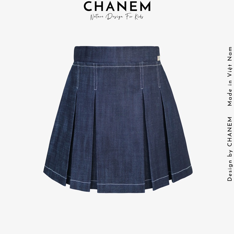 Chân váy cho bé gái xếp ly phối chỉ trang trí chất vải Jean MIA CHANEM, lưng thun co giãn cho bé từ 1 - 10 tuổi