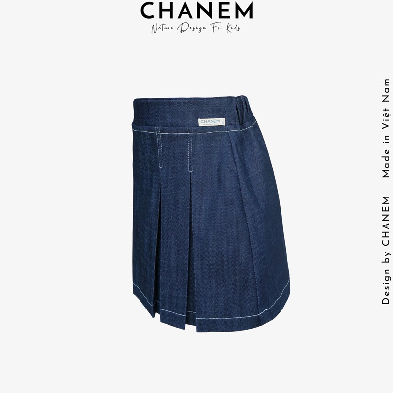 Chân váy cho bé gái xếp ly phối chỉ trang trí chất vải Jean MIA CHANEM, lưng thun co giãn cho bé từ 1 - 10 tuổi