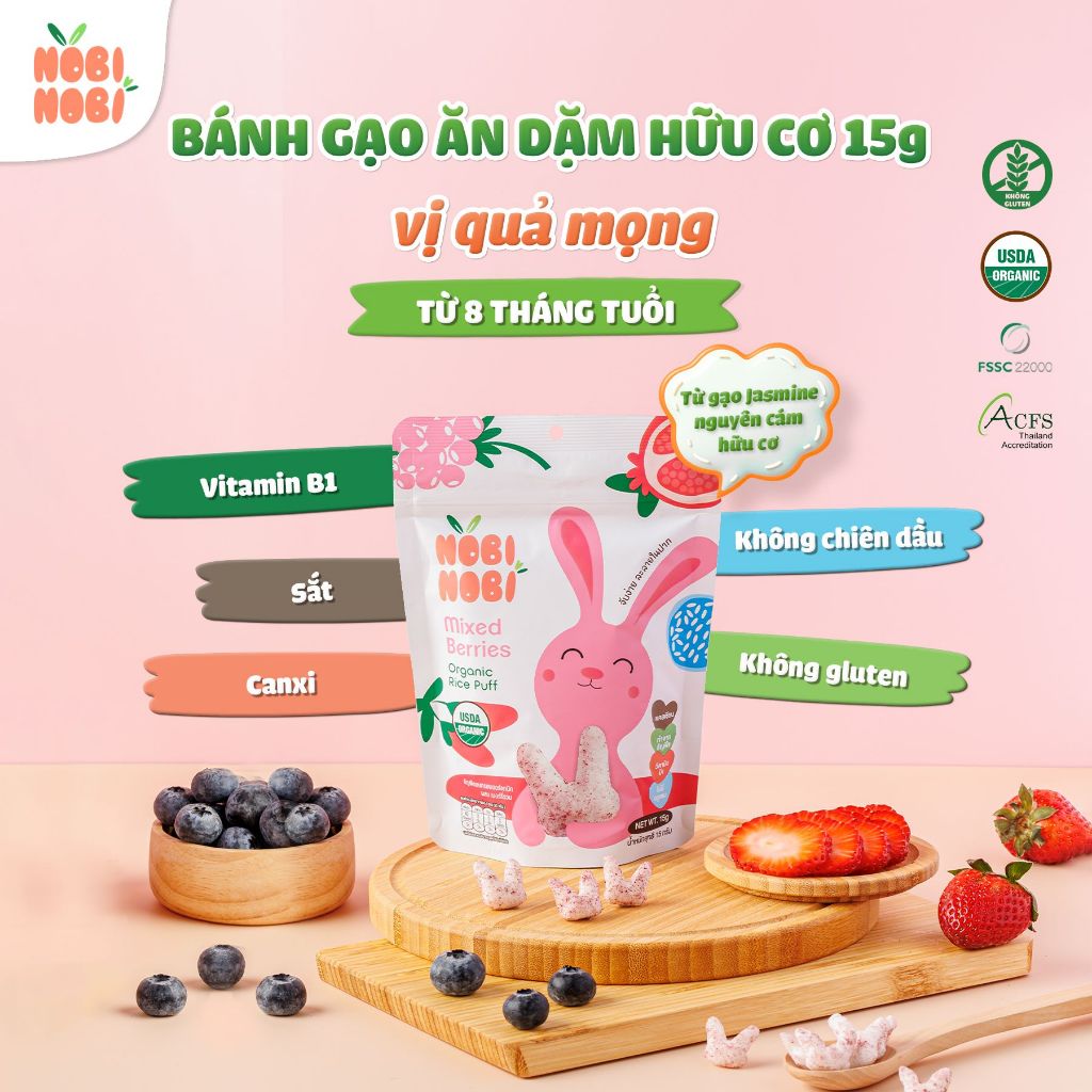 Bánh gạo ăn dặm hữu cơ Nobi Nobi  cho bé vị rau củ,hoa quả gói 15g không chiên dầu bổ sung dinh dưỡng cho bé