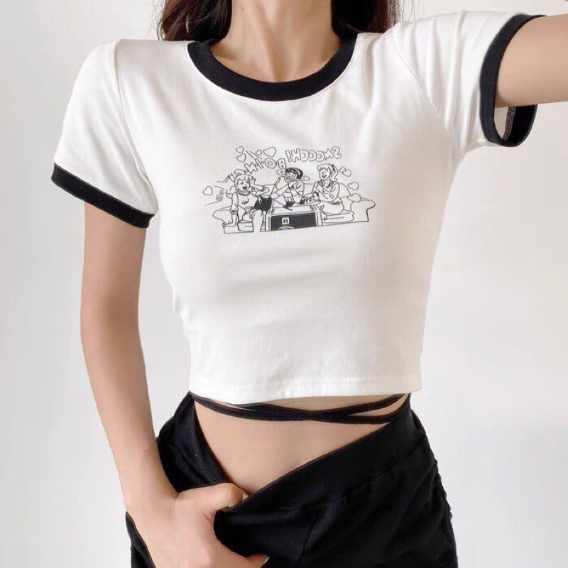 áo croptop, "ngủ một mình", áo croptop viền cổ