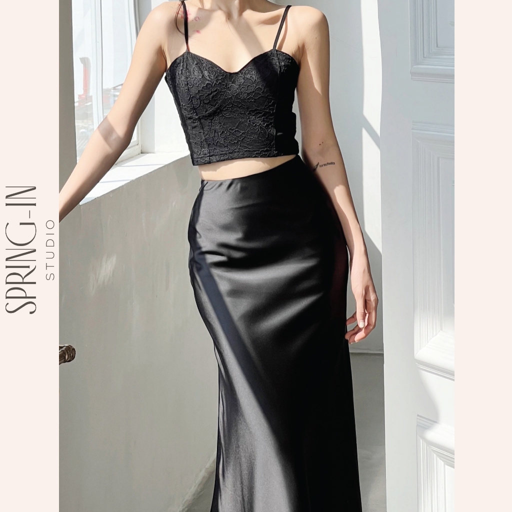 Chân váy lụa satin nữ cao cấp dáng dài màu đen thiết kế tôn dáng SPRING-IN