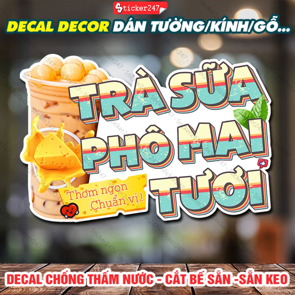 Decal Trang Trí Quán Phô Mai Tươi Vintage 🌈 Tranh Dán Tường, Hình Dán Ly Trà Sữa, Sticker Chống Nước, Cắt Sẵn