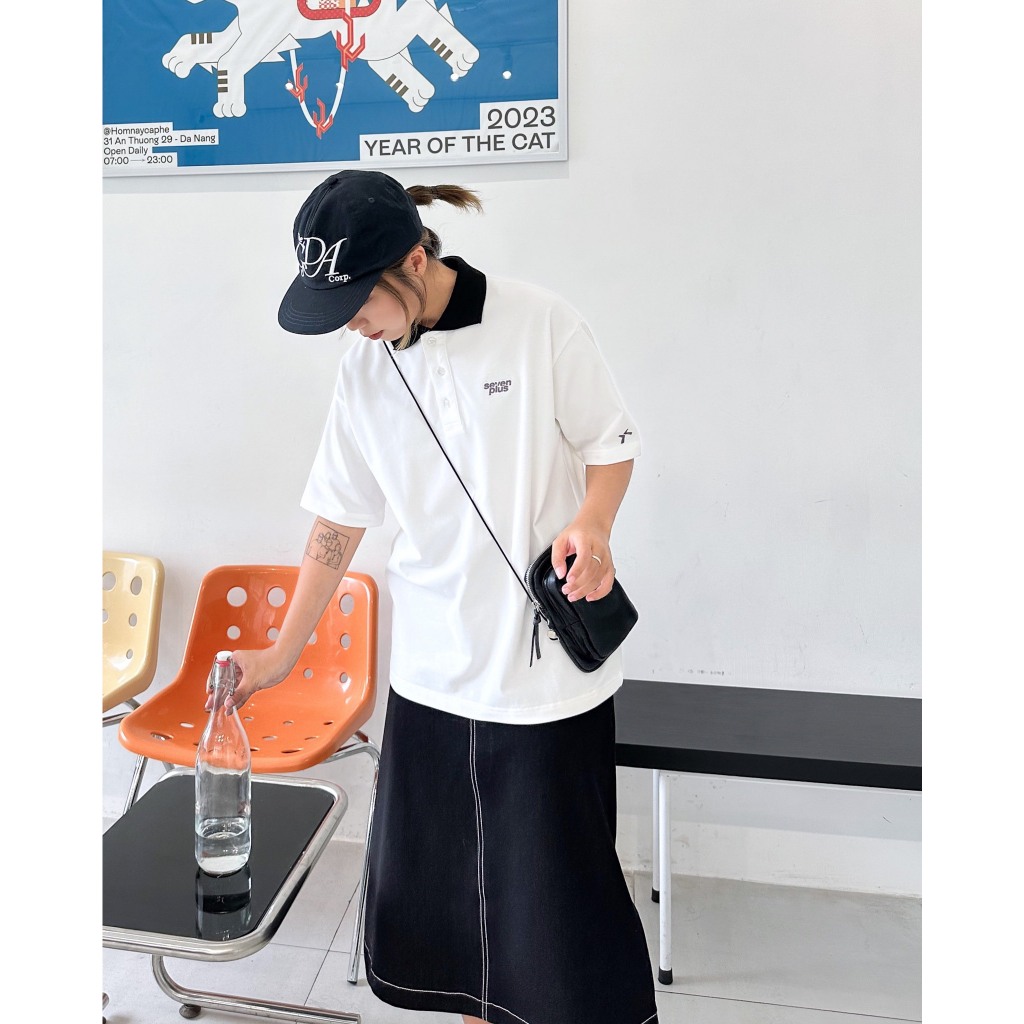 Áo thun polo SEVENPLUS Basic logo thêu -  Trắng/Đen