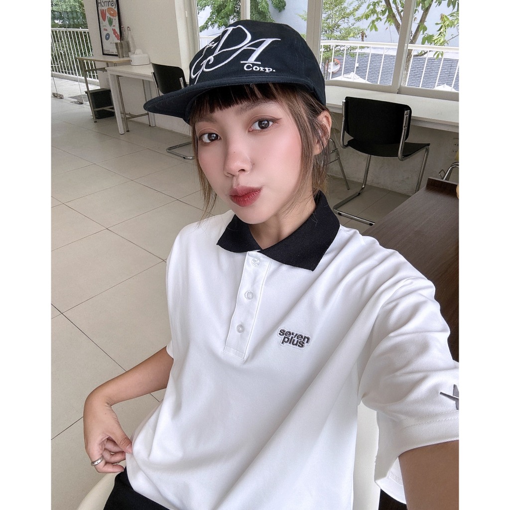 Áo thun polo SEVENPLUS Basic logo thêu -  Trắng/Đen