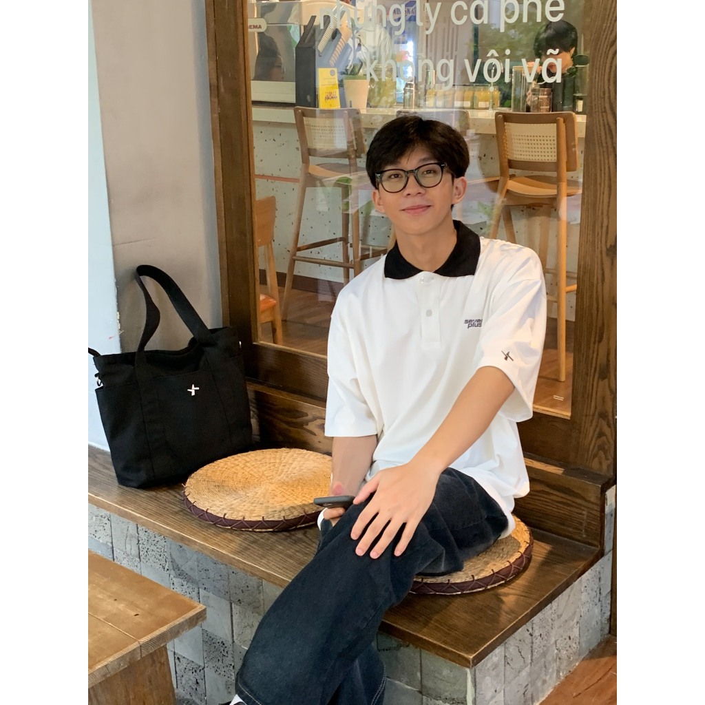 Áo thun polo SEVENPLUS Basic logo thêu -  Trắng/Đen