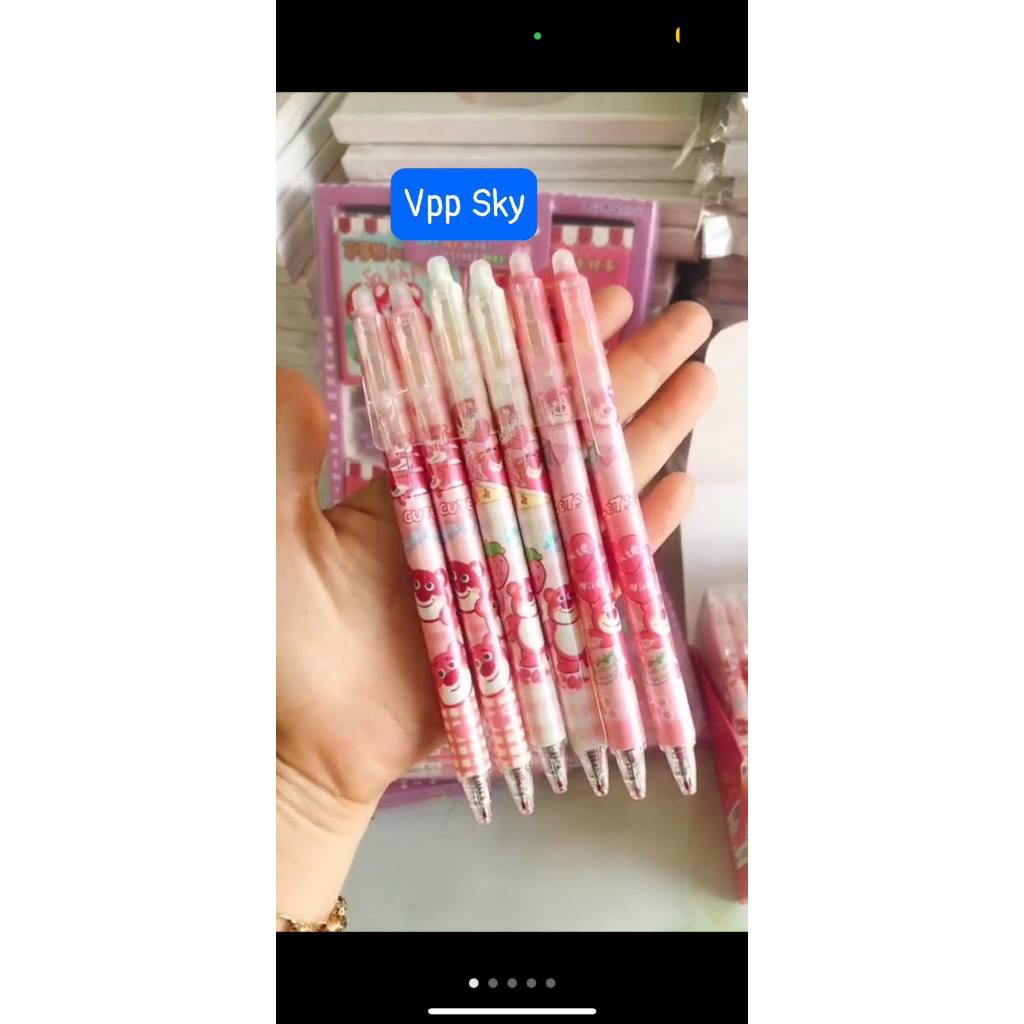 Hộp 12 cây bút viết bi gel, bút nước mực xoá được hình Gấu Dâu LOSTO.