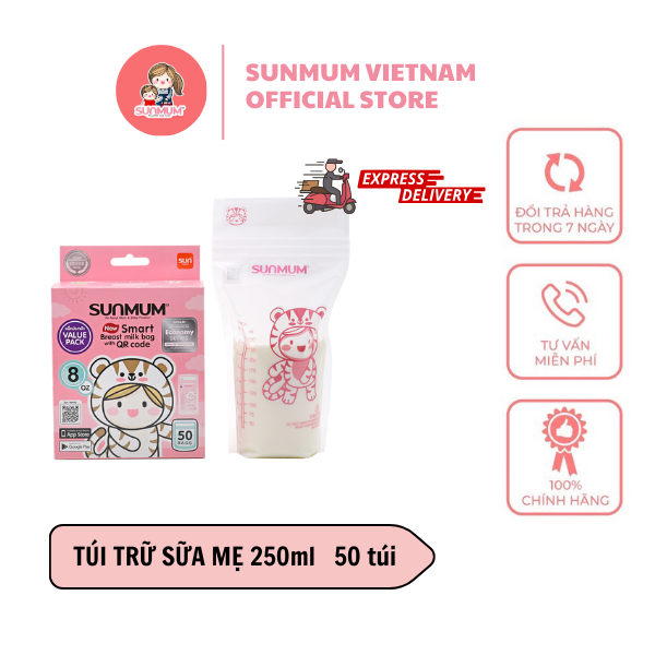 Túi trữ sữa mẹ chuyên dụng sunmum Thái Lan 250ml-Hộp 50 túi