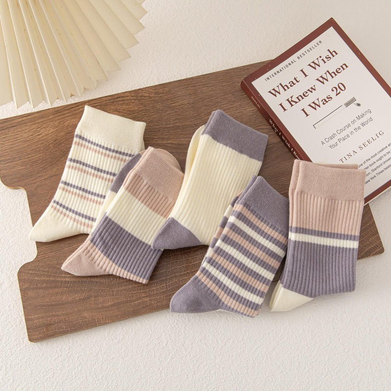 Set 5 Đôi Tất Cao Cổ Kẻ Tông Tím Siêu Hot Phong Cách Hàn tt29