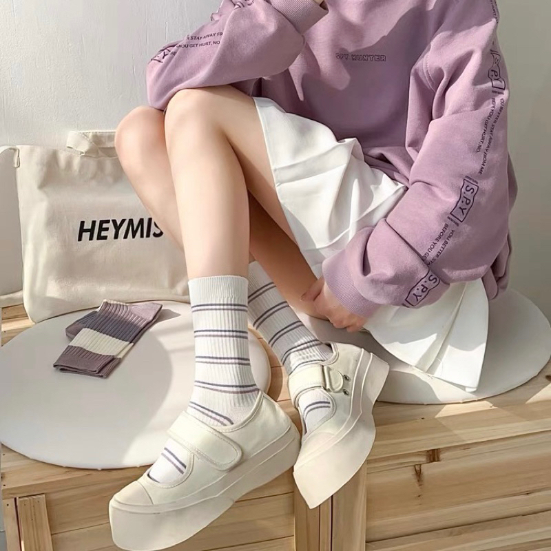 Set 5 Đôi Tất Cao Cổ Kẻ Tông Tím Siêu Hot Phong Cách Hàn tt29