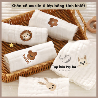 Set 5 khăn sữa/khăn xô muslin 6 lớp dày dặn vải bông tinh khiết an toàn cho bé sơ sinh thêu hình gấu xinh xắn 30x30cm