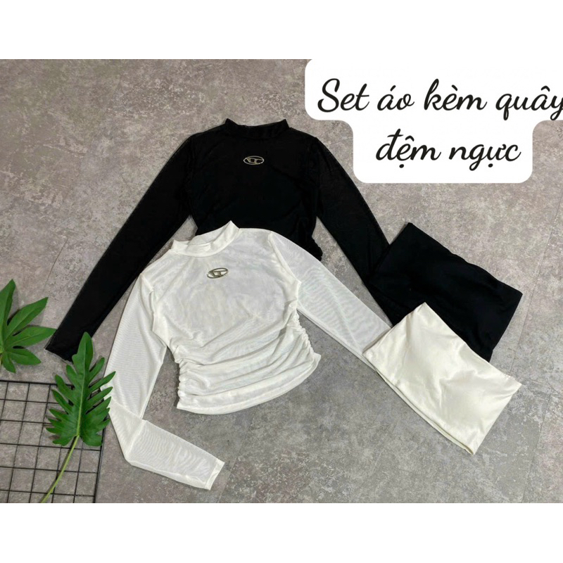 Set Áo Lưới Cổ Cao Kèm Quây Có Đệm Ngực Logo Chữ D Sang Xịn