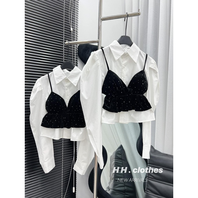Áo Sơ Mi Tay Bồng Phối Yếm Nhung Đính Đá