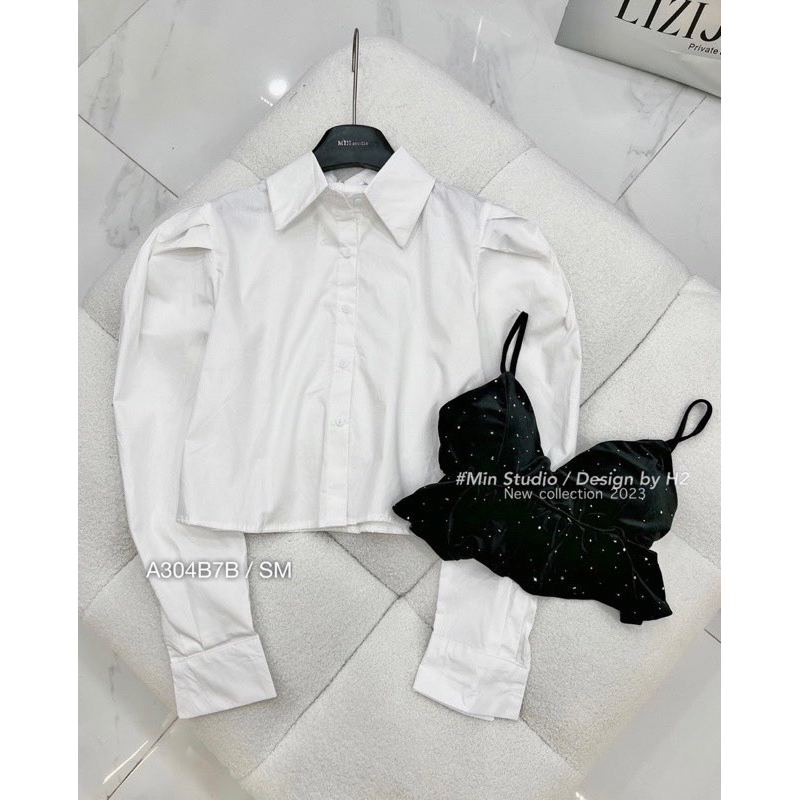 Áo Sơ Mi Tay Bồng Phối Yếm Nhung Đính Đá