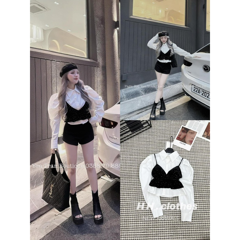 Áo Sơ Mi Tay Bồng Phối Yếm Nhung Đính Đá