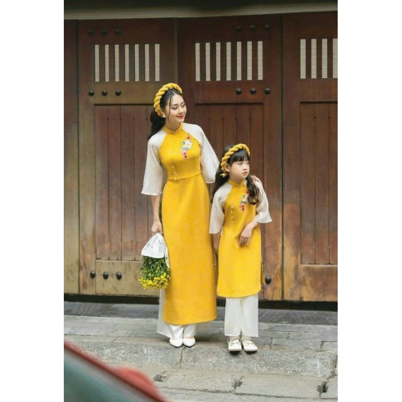 Áo dài gia đình màu vàng💝FREESHIP💝 Áo dài gia đình bé gái và bé trai màu vàng