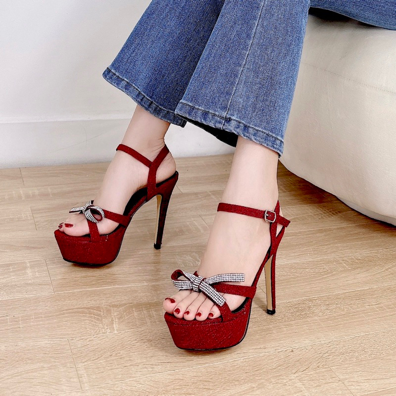 Giày cao gót nữ gót 12 phân - quai đan chéo đính nơ, hở gót, đế nhọn - D078