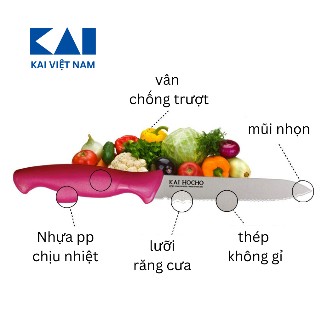 Dao gọt hoa quả KAI Hocho lưỡi răng cưa 112mm bằng thép không gỉ Indian Hocho Vegitable Knife