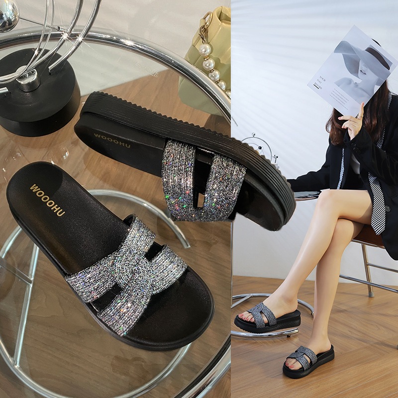 Dép bánh mì quai chéo đế bằng đúc cao dép kiểu mới thời trang phủ kim tuyến sang trọng siêu mềm, êm chân DN48