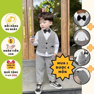 Bộ vest gile công tử kèm nơ, set bộ sơ mi kèm gile vest 4 chi tiết cho bé trai Beemo