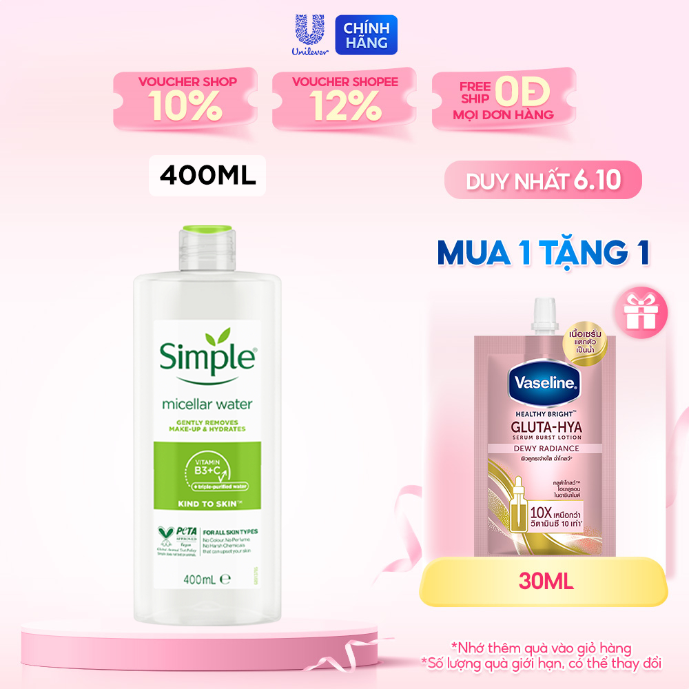 Nước tẩy trang Simple Micellar làm sạch 99% trang điểm, cho da thoáng mịn tức thì 400ml [CHAI LỚN TIẾT KIỆM 111K]